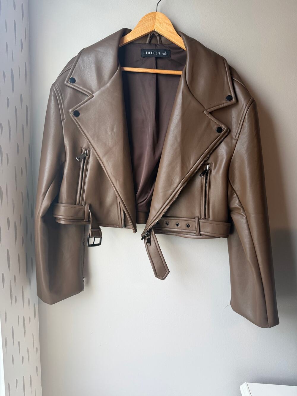 Lioness Cropped Faux Leather Moto Jacket | Mocha Brown | Size Small